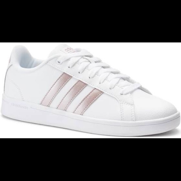 white adidas with rose gold stripes